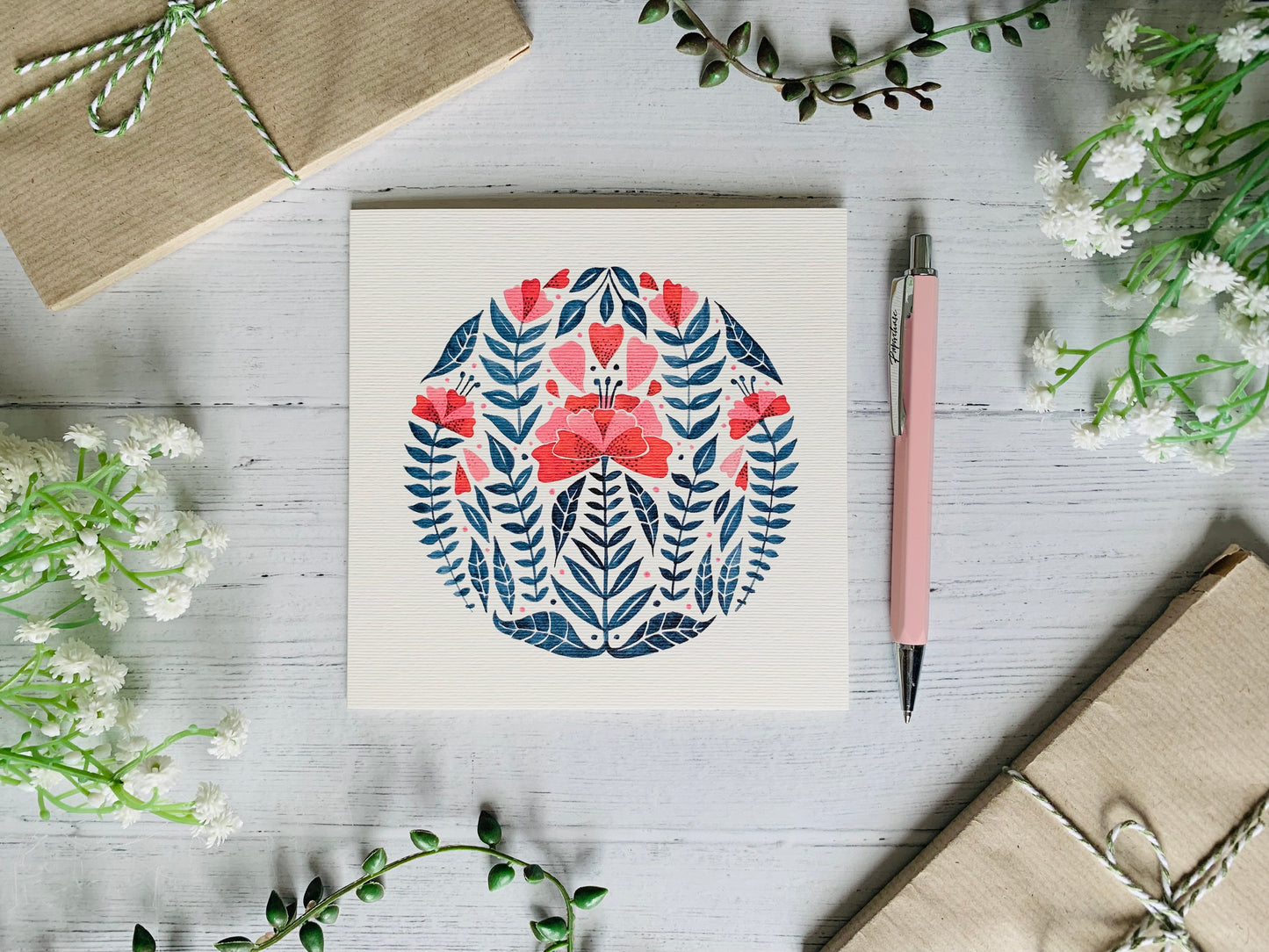 Red & Blue Folk Floral Greeting Card