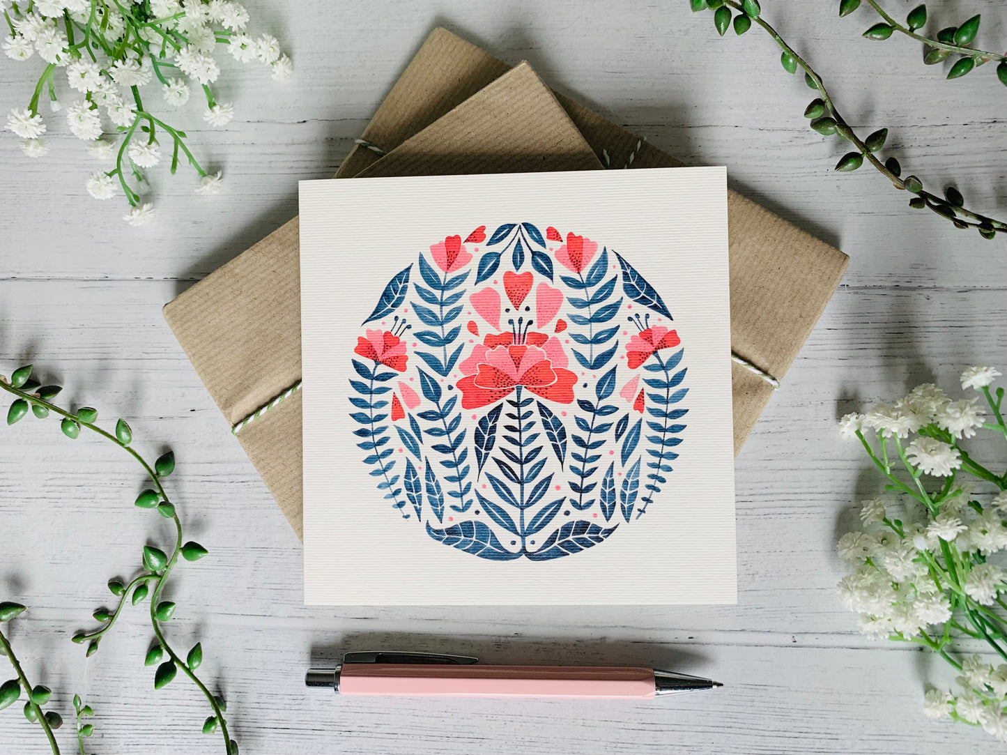 Red & Blue Folk Floral Greeting Card