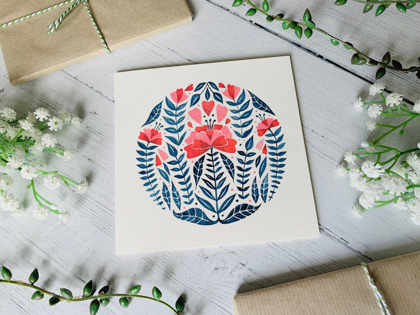 Red & Blue Folk Floral Greeting Card