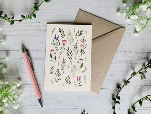 Pink & Purple Pressed Flowers Greeting Card