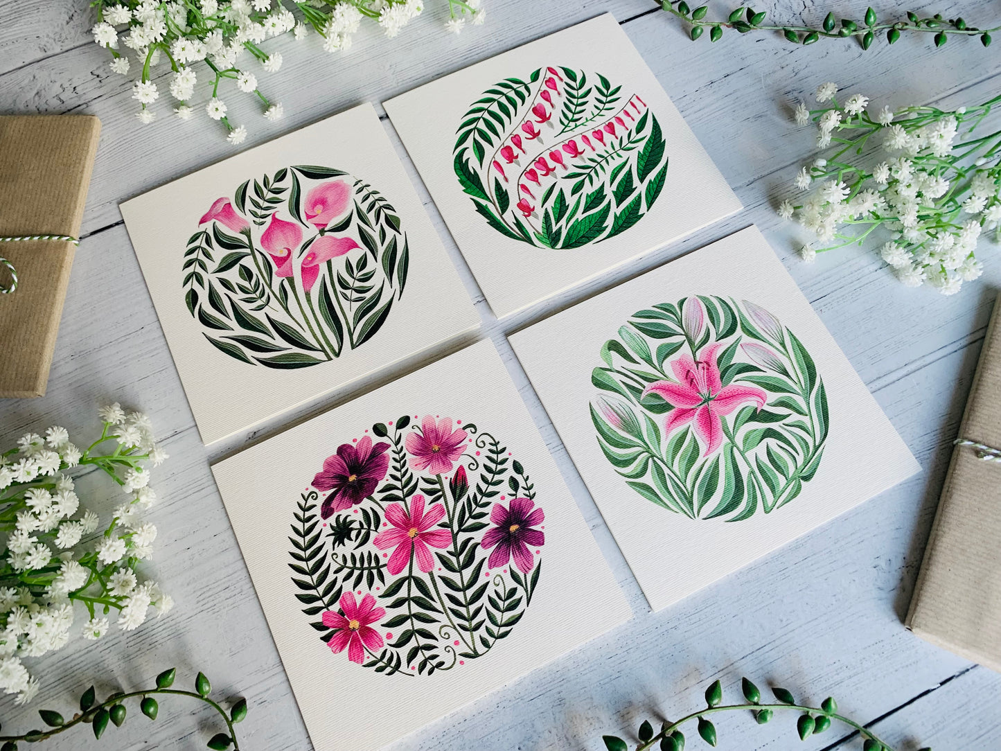 Pink Flowers Greeting Card Set