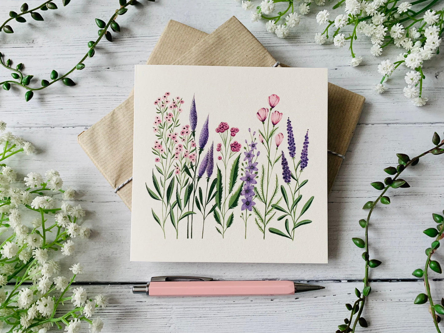 Pink & Purple Wildflower Row Greeting Card