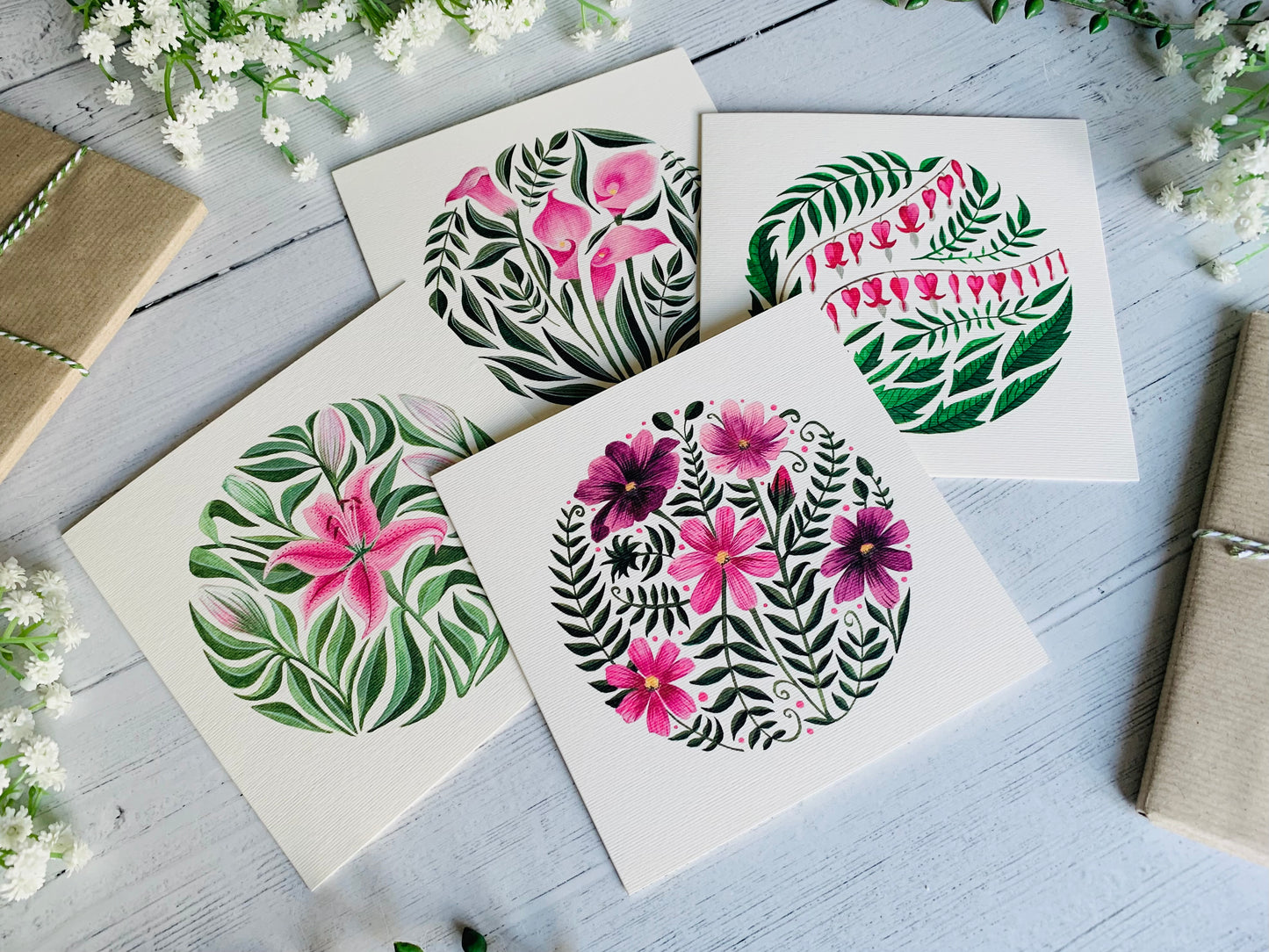 Pink Flowers Greeting Card Set