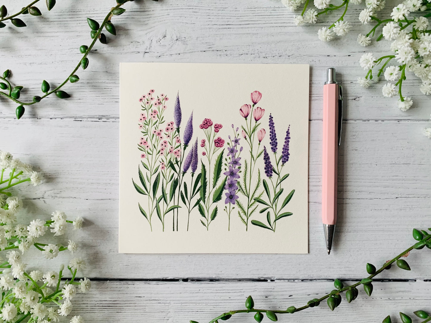 Pink & Purple Wildflower Row Greeting Card